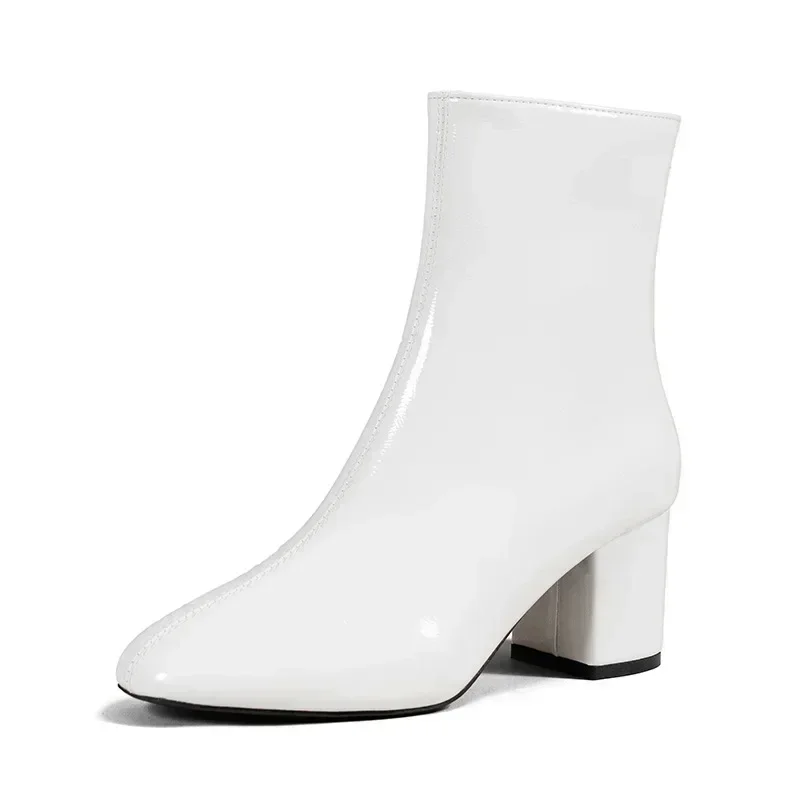 White Ankle Boots for Women  Side Zipper Stretch Middle Heel Large Size Short Boot Fashion Pointed Shoes