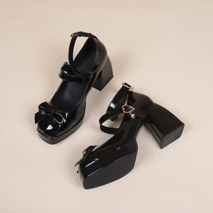 Punk Heart Buckle High Heels Pumps Women 2024 Spring Y2K Black Chunky Platform Lolita Shoes Woman Bowtie Thick Heel Gothic Shoes