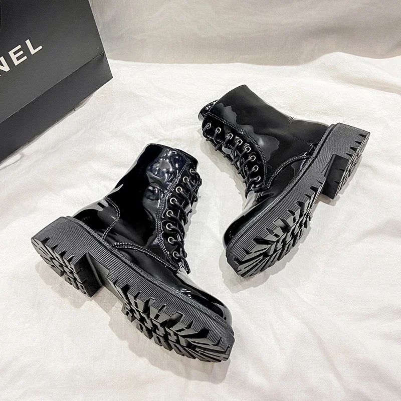 Lace Up Pink Ankle Boots Woman Patent Leather Platform Motorcycle Boots Woman Thick Heels Zipper Short Booties