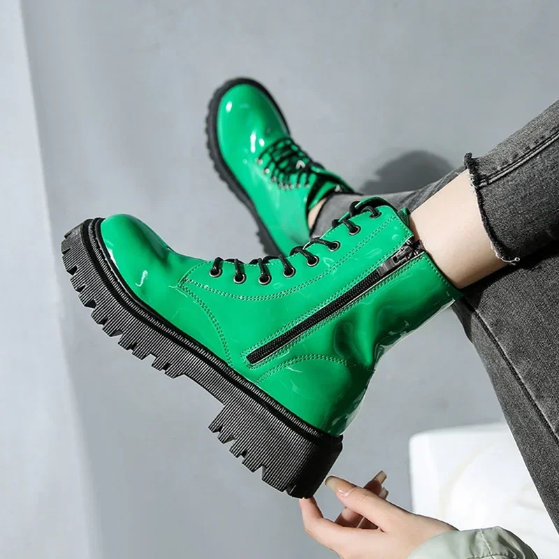 Lace Up Pink Ankle Boots Woman Patent Leather Platform Motorcycle Boots Woman Thick Heels Zipper Short Booties Lace Up Pink Ankle Boots Woman Patent Leather Platform Motorcycle Boots Woman Thick Heels Zipper Short Booties