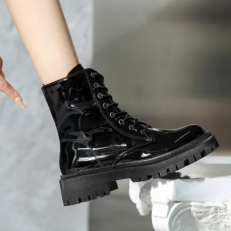 Lace Up Pink Ankle Boots Woman Patent Leather Platform Motorcycle Boots Woman Thick Heels Zipper Short Booties Lace Up Pink Ankle Boots Woman Patent Leather Platform Motorcycle Boots Woman Thick Heels Zipper Short Booties