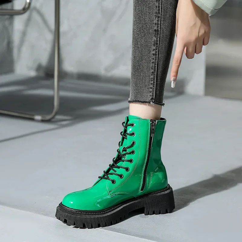 Lace Up Pink Ankle Boots Woman Patent Leather Platform Motorcycle Boots Woman Thick Heels Zipper Short Booties Lace Up Pink Ankle Boots Woman Patent Leather Platform Motorcycle Boots Woman Thick Heels Zipper Short Booties