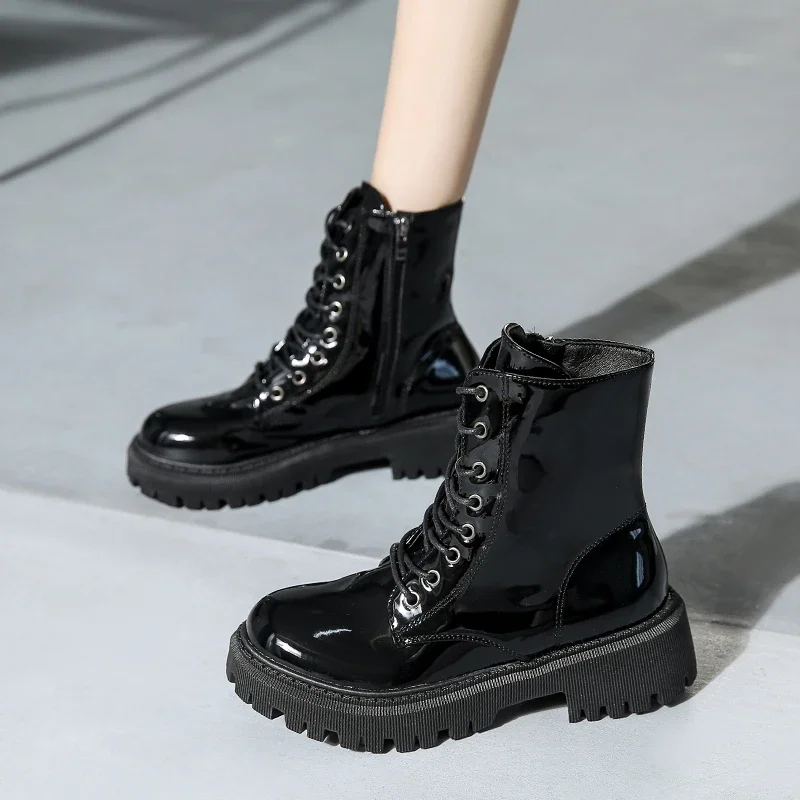 Lace Up Pink Ankle Boots Woman Patent Leather Platform Motorcycle Boots Woman Thick Heels Zipper Short Booties