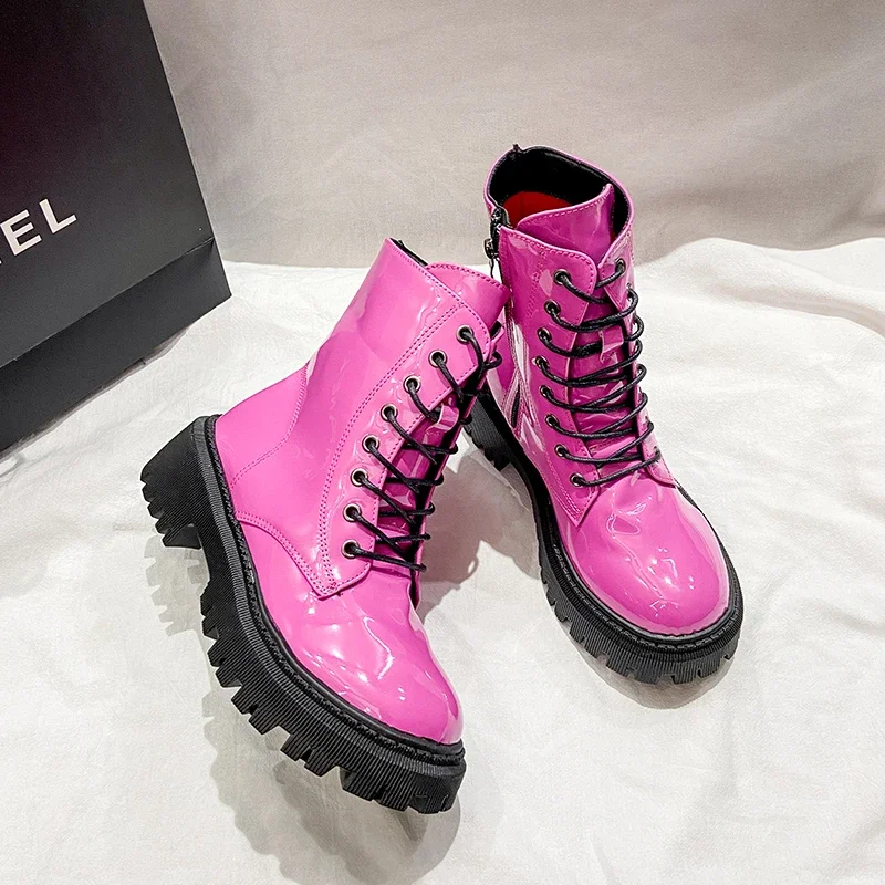 Lace Up Pink Ankle Boots Woman Patent Leather Platform Motorcycle Boots Woman Thick Heels Zipper Short Booties