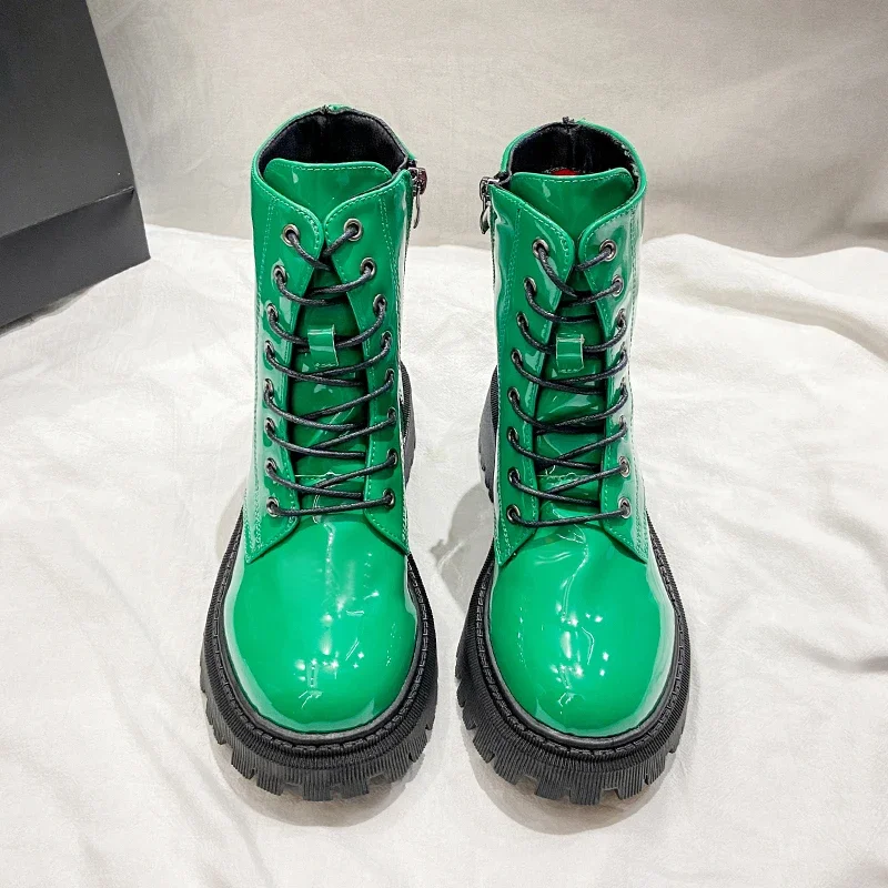 Lace Up Pink Ankle Boots Woman Patent Leather Platform Motorcycle Boots Woman Thick Heels Zipper Short Booties