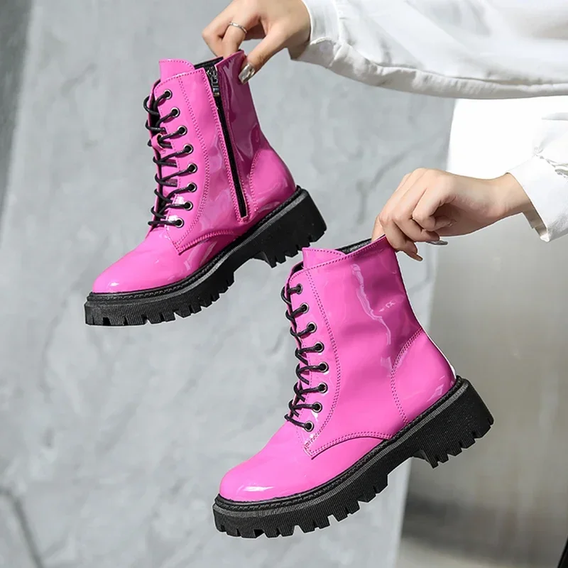 Lace Up Pink Ankle Boots Woman Patent Leather Platform Motorcycle Boots Woman Thick Heels Zipper Short Booties Lace Up Pink Ankle Boots Woman Patent Leather Platform Motorcycle Boots Woman Thick Heels Zipper Short Booties