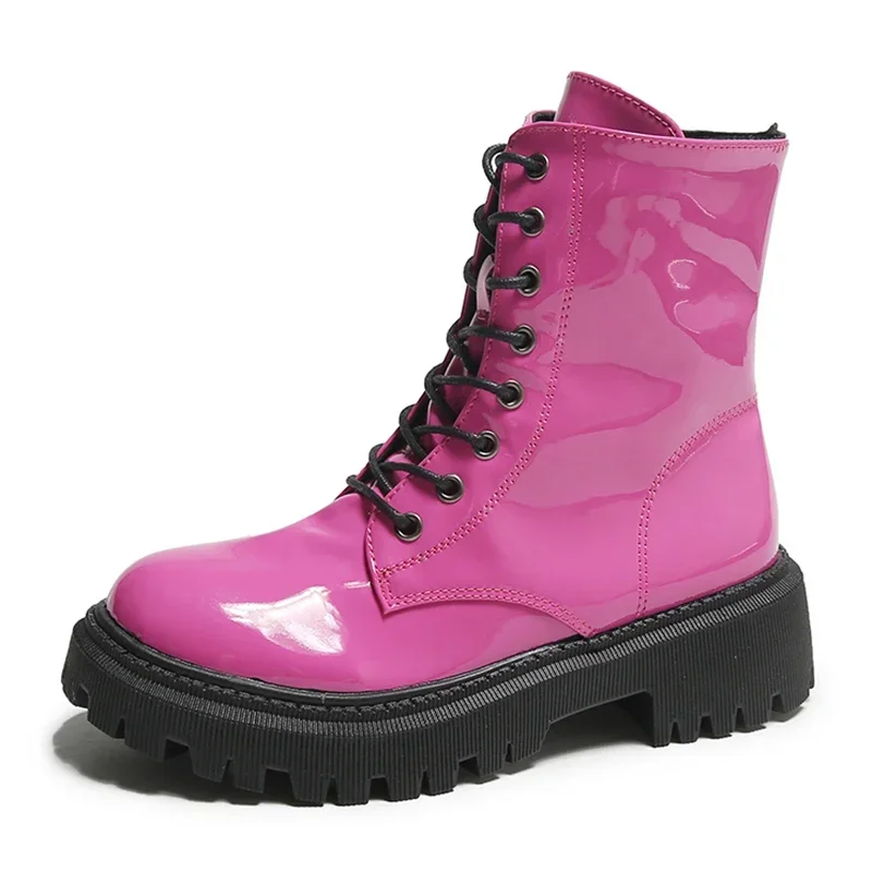 Lace Up Pink Ankle Boots Woman Patent Leather Platform Motorcycle Boots Woman Thick Heels Zipper Short Booties Lace Up Pink Ankle Boots Woman Patent Leather Platform Motorcycle Boots Woman Thick Heels Zipper Short Booties