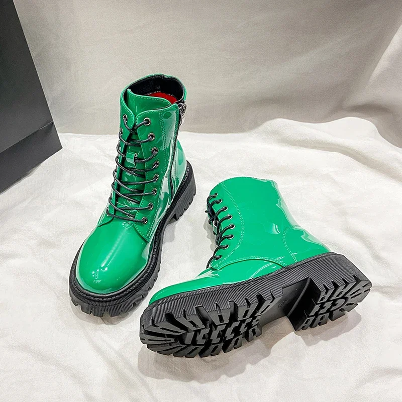 Lace Up Pink Ankle Boots Woman Patent Leather Platform Motorcycle Boots Woman Thick Heels Zipper Short Booties