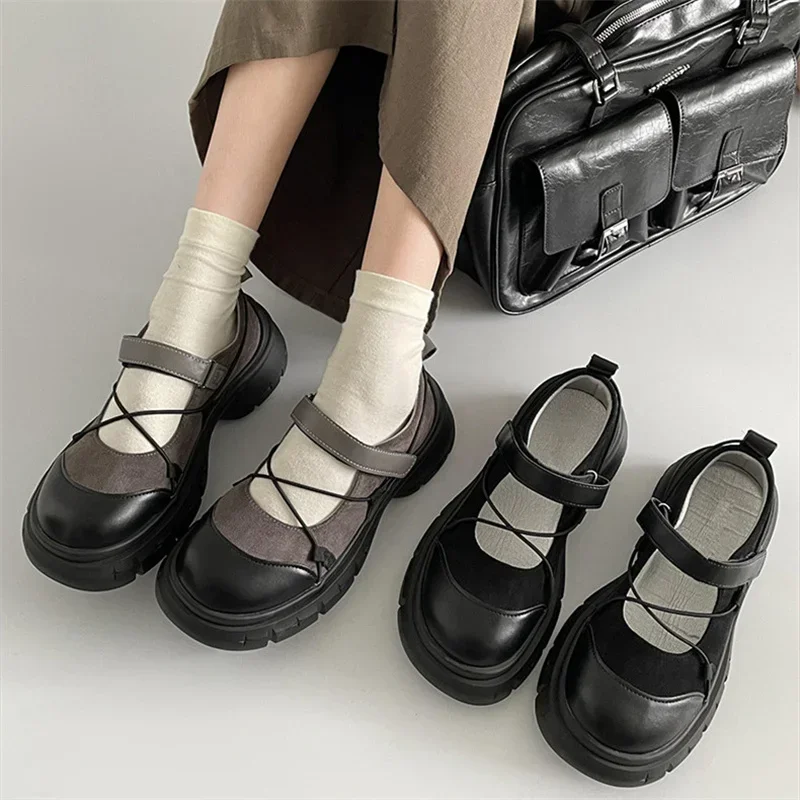 Round Toe HOOk&LOOP Mary Janes Women Shoes Non-Slip Thick Bottom Ladies Shoes Retro Height Increasing Casual