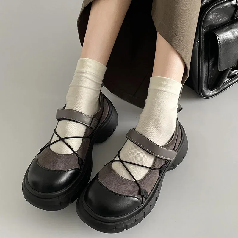 Round Toe HOOk&LOOP Mary Janes Women Shoes Non-Slip Thick Bottom Ladies Shoes Retro Height Increasing Casual