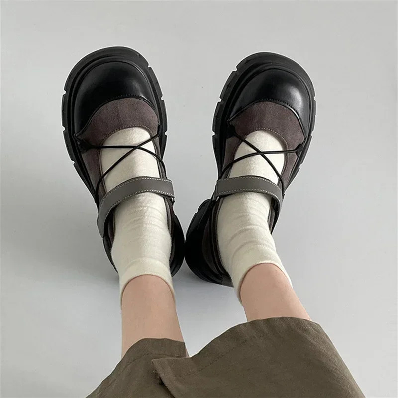Round Toe HOOk&LOOP Mary Janes Women Shoes Non-Slip Thick Bottom Ladies Shoes Retro Height Increasing Casual