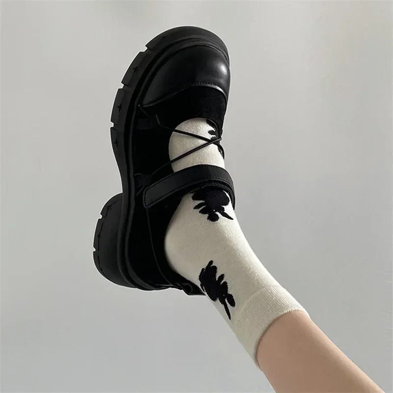 Round Toe HOOk&LOOP Mary Janes Women Shoes Non-Slip Thick Bottom Ladies Shoes Retro Height Increasing Casual