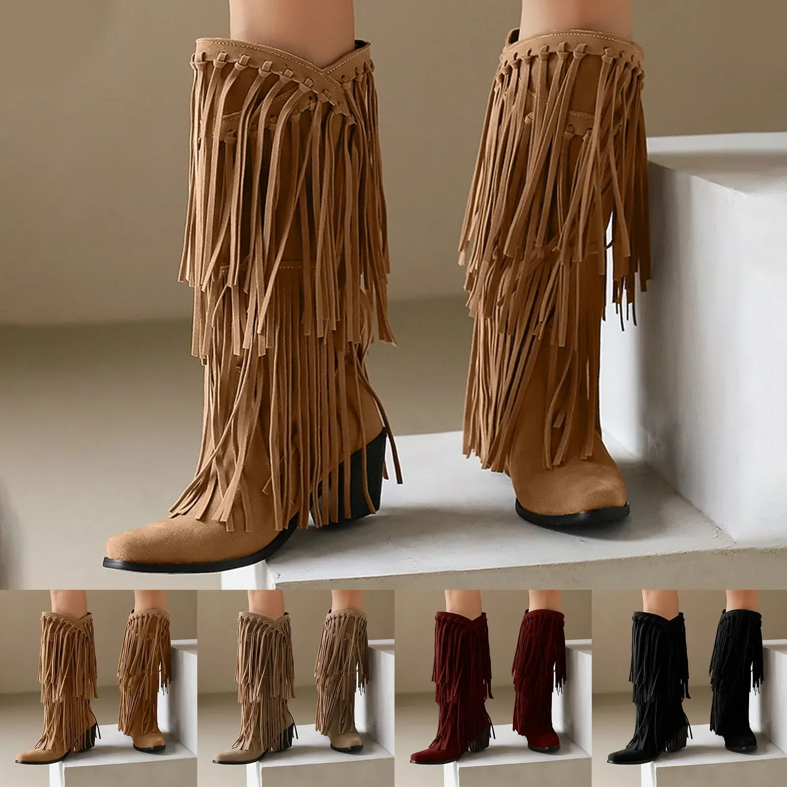 Large Size 45 Women Retro Ethnic Western Cowboy Boots Block Medium Heels Tassel Fringe Kneehigh Boot Lady Winter Shoes Large Size 45 Women Retro Ethnic Western Cowboy Boots Block Medium Heels Tassel Fringe Kneehigh Boot Lady Winter Shoes