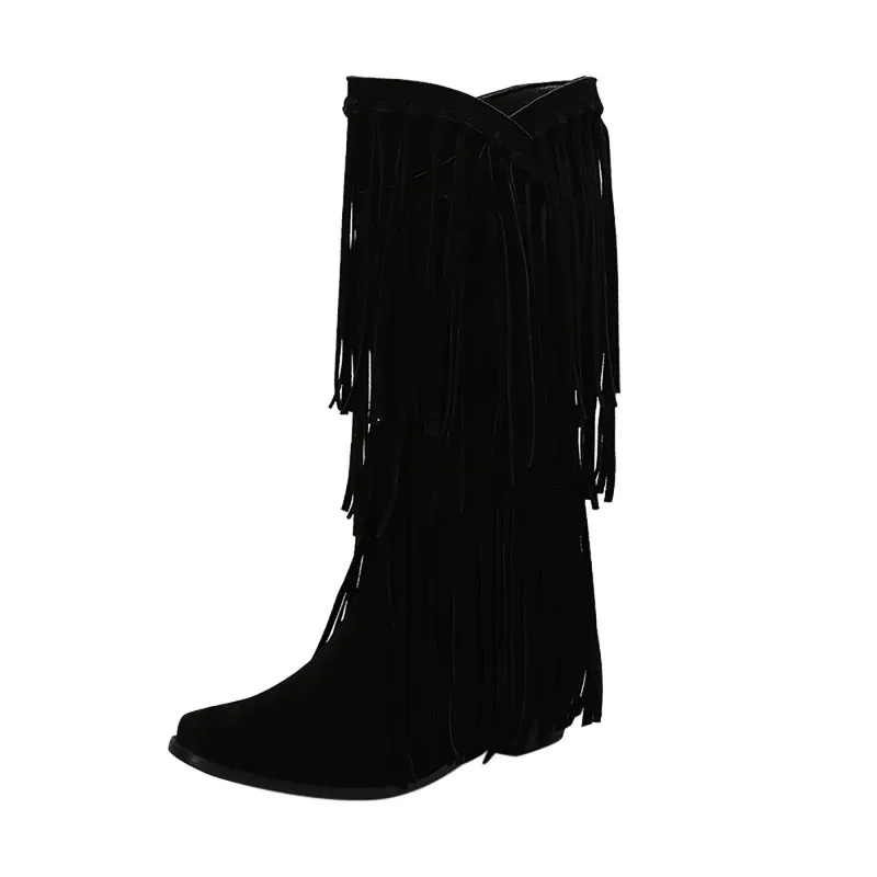 Large Size 45 Women Retro Ethnic Western Cowboy Boots Block Medium Heels Tassel Fringe Kneehigh Boot Lady Winter Shoes