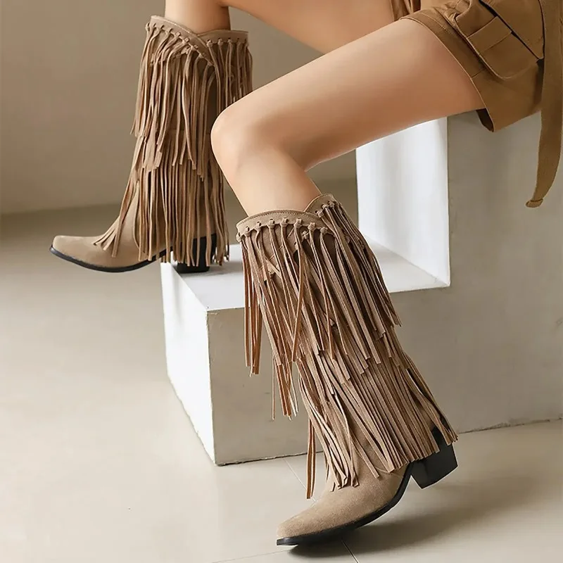 Large Size 45 Women Retro Ethnic Western Cowboy Boots Block Medium Heels Tassel Fringe Kneehigh Boot Lady Winter Shoes