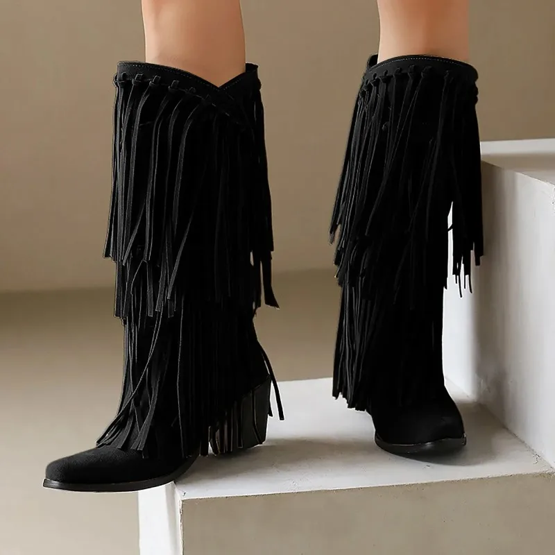 Large Size 45 Women Retro Ethnic Western Cowboy Boots Block Medium Heels Tassel Fringe Kneehigh Boot Lady Winter Shoes
