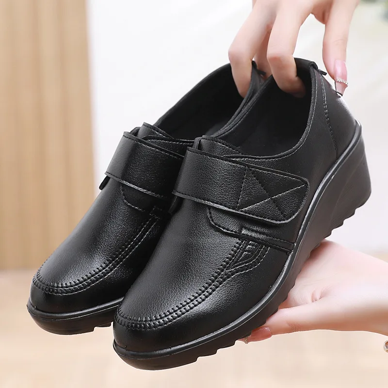 Spring Autumn Women's Wedges Pumps Fashion Pumps Shoes Woman Genuine Leather Wedge Single Casual Shoes Mother High Heels Shoes