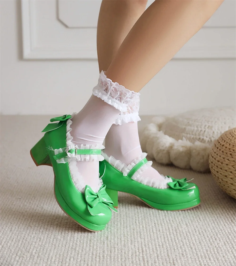 Woman Med Heel Lolita Shoes Patent Leather Cute Bow Mary Jane Pumps Bride Wedding Cosplay Party Red Pink Black Green Size 31-43