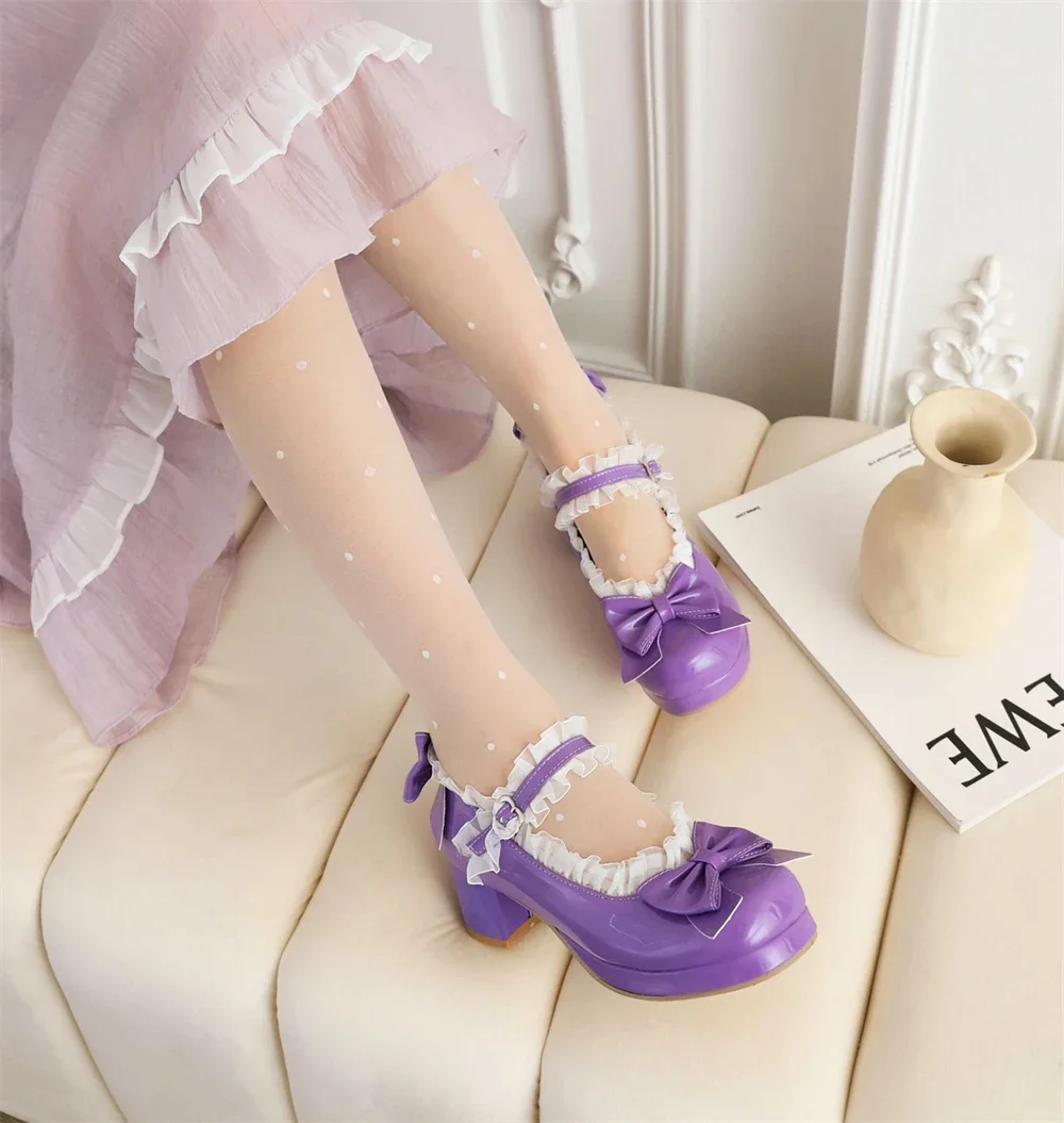 Woman Med Heel Lolita Shoes Patent Leather Cute Bow Mary Jane Pumps Bride Wedding Cosplay Party Red Pink Black Green Size 31-43