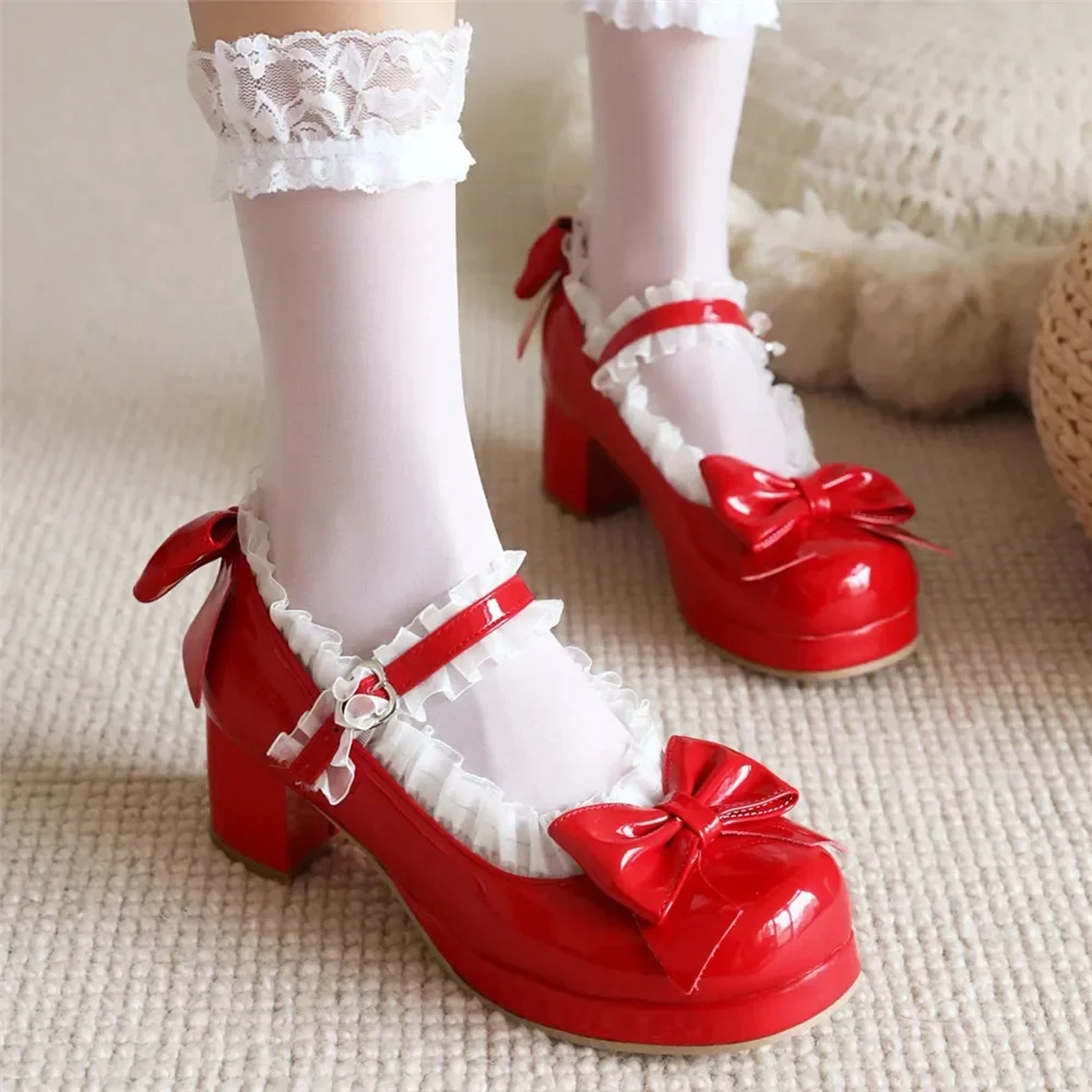 Woman Med Heel Lolita Shoes Patent Leather Cute Bow Mary Jane Pumps Bride Wedding Cosplay Party Red Pink Black Green Size 31-43 Woman Med Heel Lolita Shoes Patent Leather Cute Bow Mary Jane Pumps Bride Wedding Cosplay Party Red Pink Black Green Size 31-43