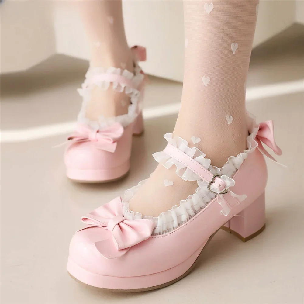 Woman Med Heel Lolita Shoes Patent Leather Cute Bow Mary Jane Pumps Bride Wedding Cosplay Party Red Pink Black Green Size 31-43 Woman Med Heel Lolita Shoes Patent Leather Cute Bow Mary Jane Pumps Bride Wedding Cosplay Party Red Pink Black Green Size 31-43