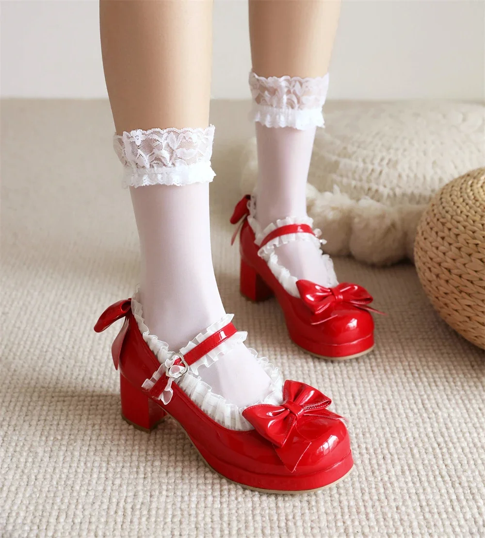 Woman Med Heel Lolita Shoes Patent Leather Cute Bow Mary Jane Pumps Bride Wedding Cosplay Party Red Pink Black Green Size 31-43