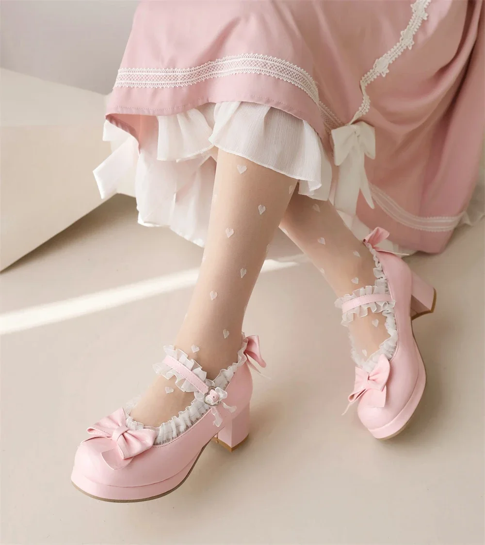 Woman Med Heel Lolita Shoes Patent Leather Cute Bow Mary Jane Pumps Bride Wedding Cosplay Party Red Pink Black Green Size 31-43