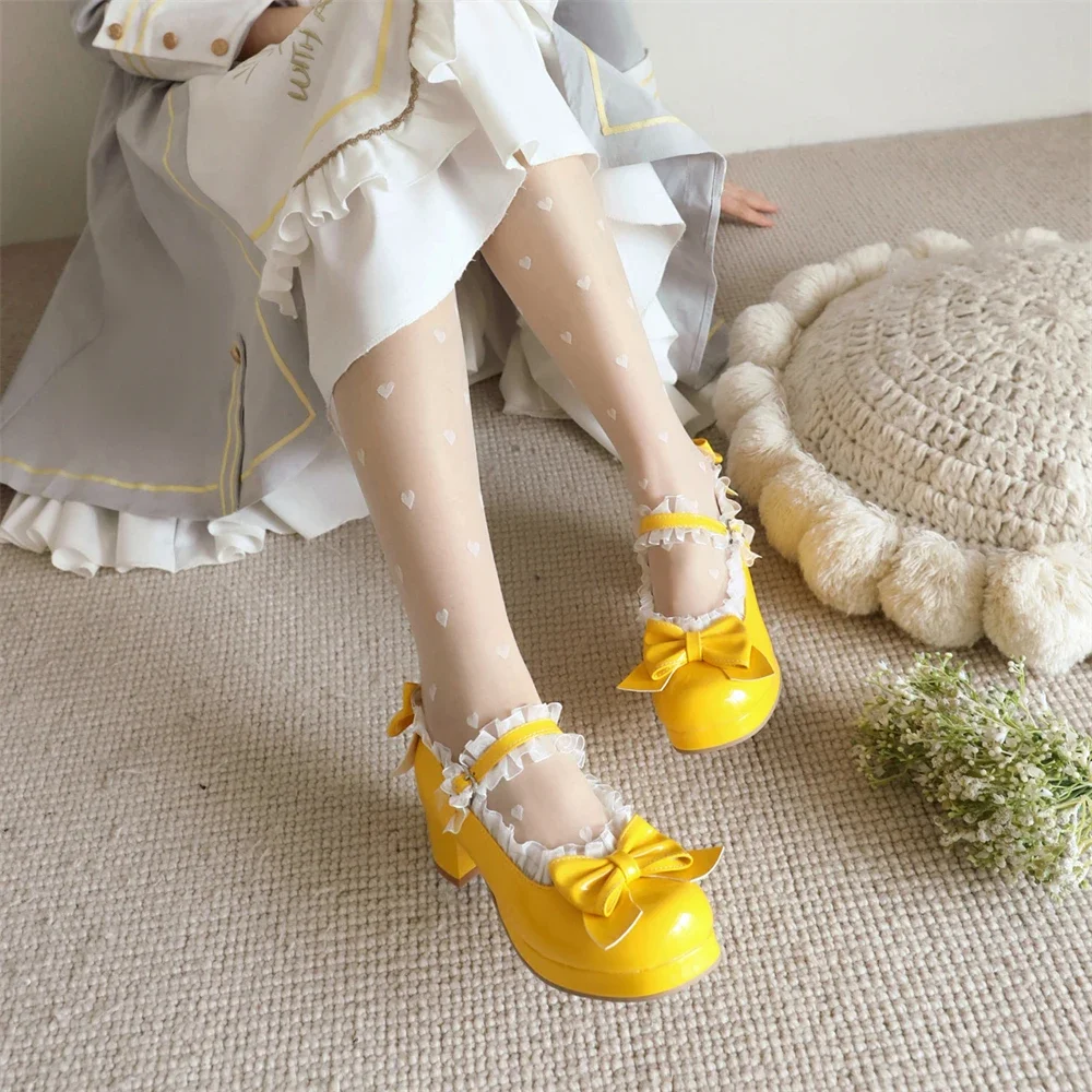 Woman Med Heel Lolita Shoes Patent Leather Cute Bow Mary Jane Pumps Bride Wedding Cosplay Party Red Pink Black Green Size 31-43