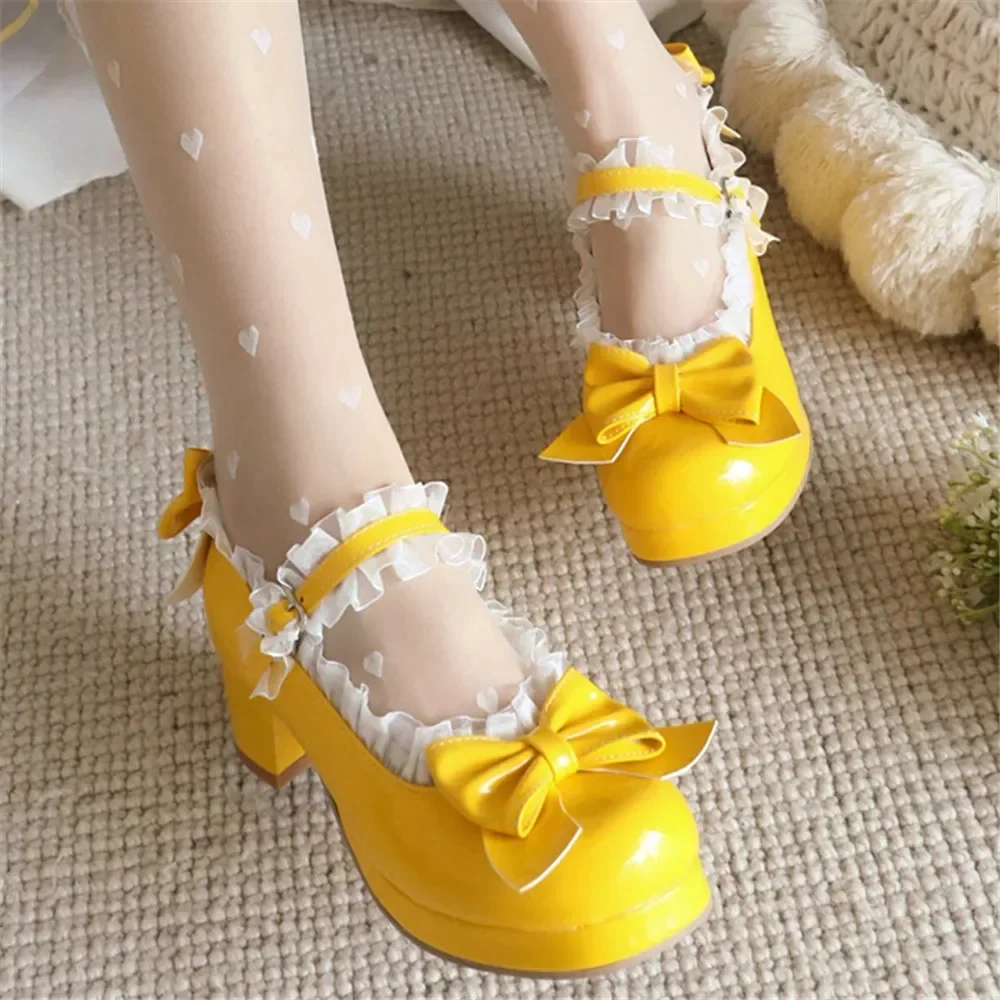 Woman Med Heel Lolita Shoes Patent Leather Cute Bow Mary Jane Pumps Bride Wedding Cosplay Party Red Pink Black Green Size 31-43 Woman Med Heel Lolita Shoes Patent Leather Cute Bow Mary Jane Pumps Bride Wedding Cosplay Party Red Pink Black Green Size 31-43