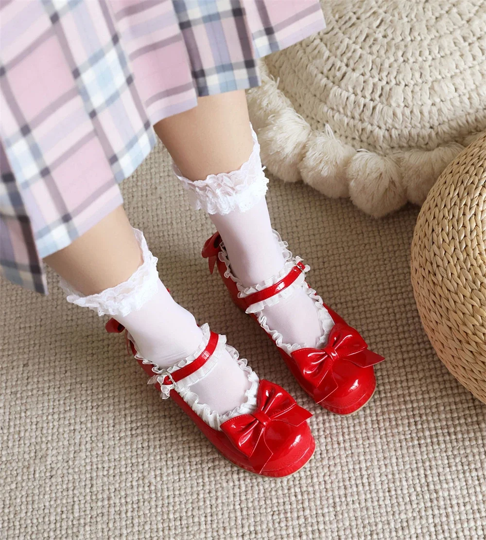 Woman Med Heel Lolita Shoes Patent Leather Cute Bow Mary Jane Pumps Bride Wedding Cosplay Party Red Pink Black Green Size 31-43