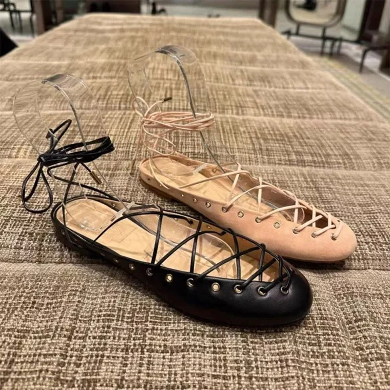 European and American Niche Light Luxury Retro Back Hollow Cross Tie Round Toe Fashion Roman Sandals Women's Ballet Shoes