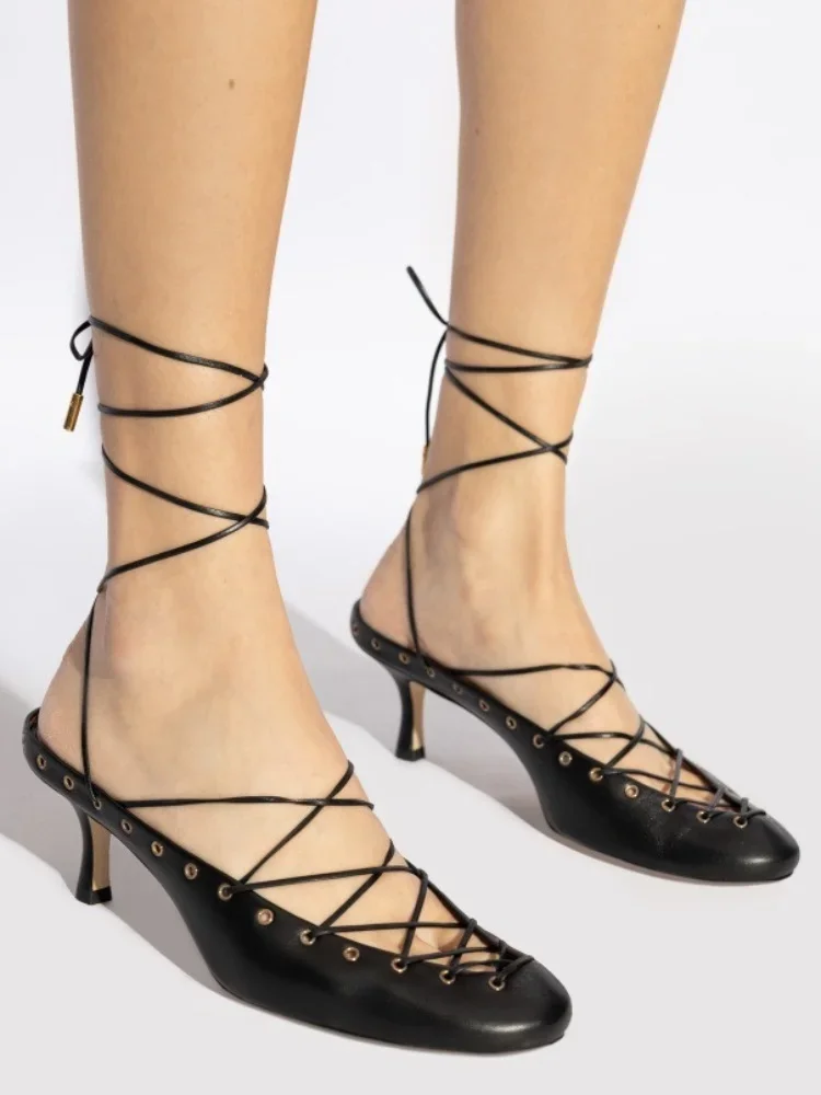 European and American Niche Light Luxury Retro Back Hollow Cross Tie Round Toe Fashion Roman Sandals Women's Ballet Shoes