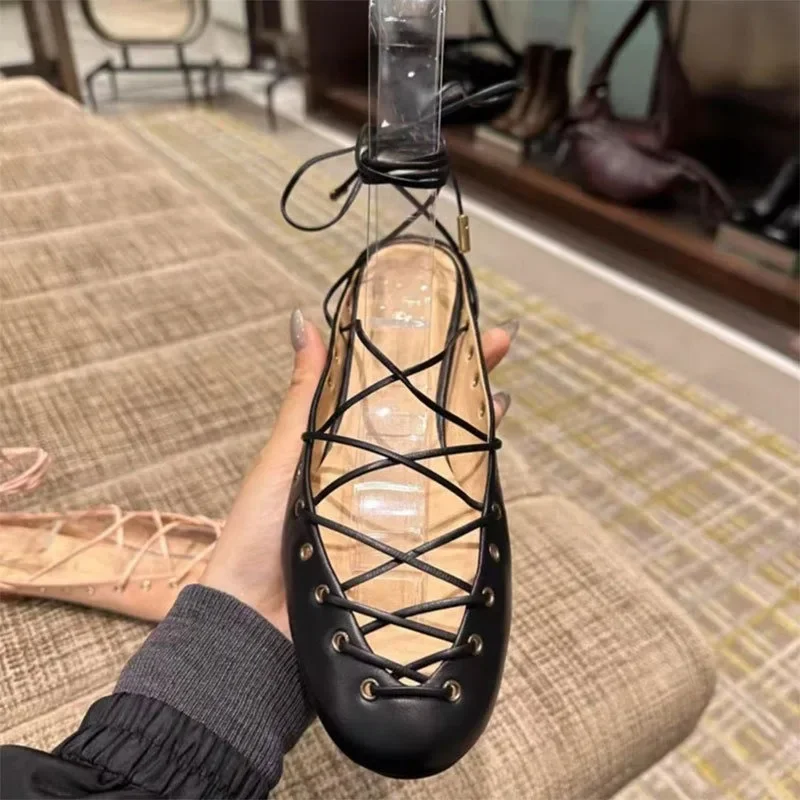 European and American Niche Light Luxury Retro Back Hollow Cross Tie Round Toe Fashion Roman Sandals Women's Ballet Shoes