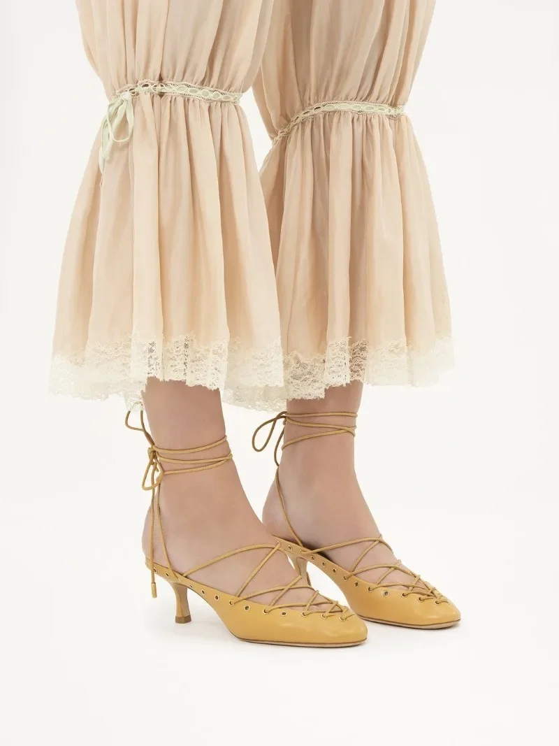 European and American Niche Light Luxury Retro Back Hollow Cross Tie Round Toe Fashion Roman Sandals Women's Ballet Shoes