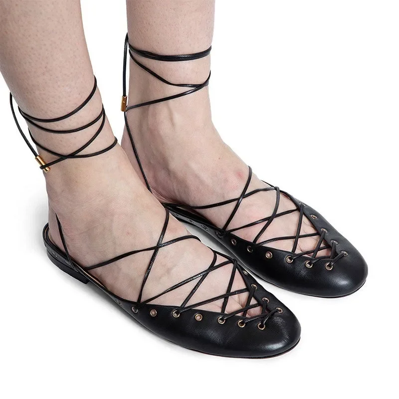 European and American Niche Light Luxury Retro Back Hollow Cross Tie Round Toe Fashion Roman Sandals Women's Ballet Shoes