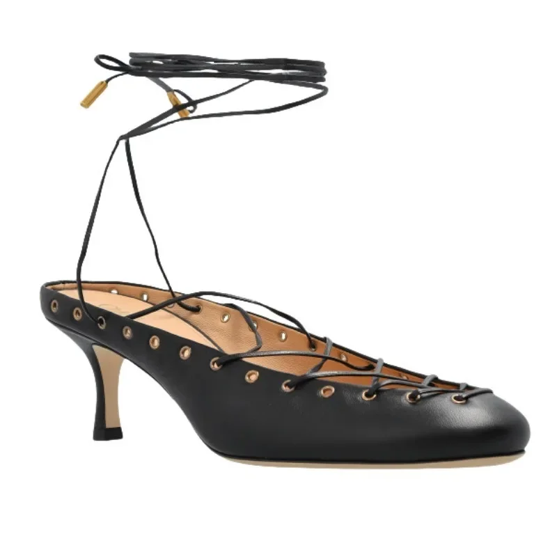 European and American Niche Light Luxury Retro Back Hollow Cross Tie Round Toe Fashion Roman Sandals Women's Ballet Shoes