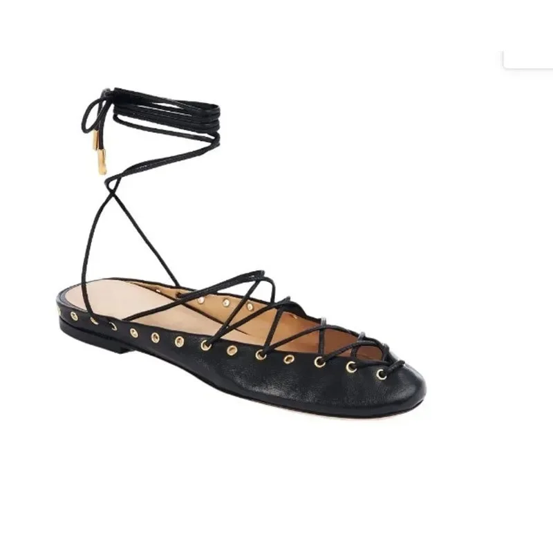 European and American Niche Light Luxury Retro Back Hollow Cross Tie Round Toe Fashion Roman Sandals Women's Ballet Shoes