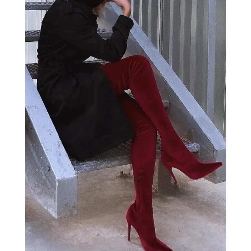 Women's Boots Green Color Over The Knee Boots Fashion Personality Stiletto Elastic Side Zipper Long Boots Large Size 34-43