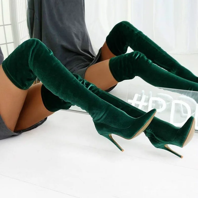 Women's Boots Green Color Over The Knee Boots Fashion Personality Stiletto Elastic Side Zipper Long Boots Large Size 34-43