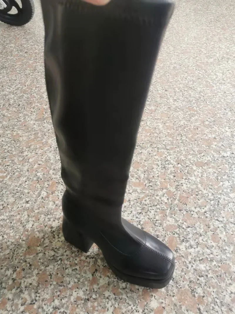 Autumn/Winter Square Headed Thick High Heels Knee-High Elastic Boots for Womens on Platform Black Knight Boot Sexy Party Pumps