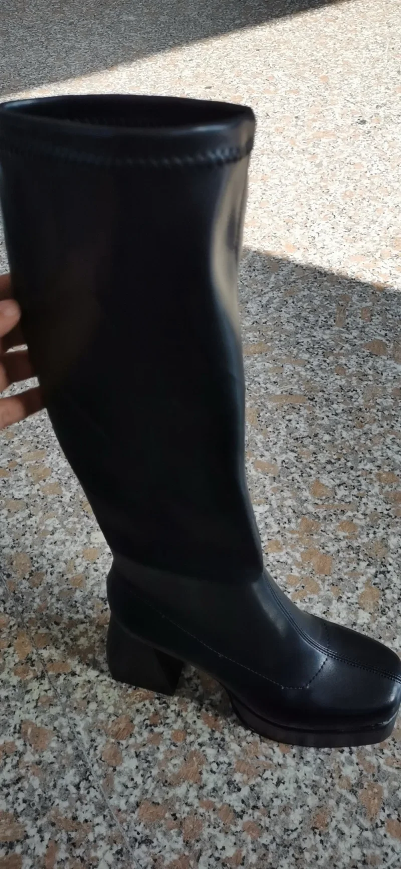 Autumn/Winter Square Headed Thick High Heels Knee-High Elastic Boots for Womens on Platform Black Knight Boot Sexy Party Pumps