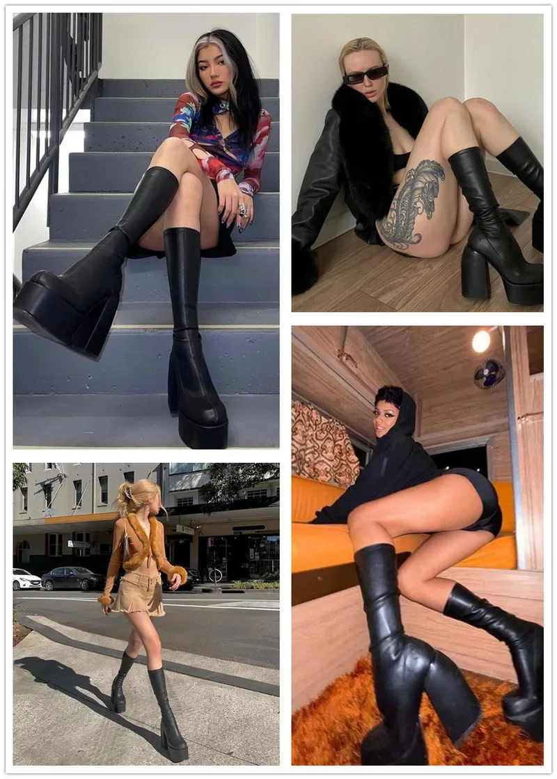 Autumn/Winter Square Headed Thick High Heels Knee-High Elastic Boots for Womens on Platform Black Knight Boot Sexy Party Pumps