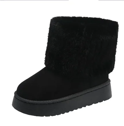 Shoes for Women Winter Women's Boots Black Round Toe Solid Flock Plush Warm Mid Heel Water Proof Casual Snow Boots Women
