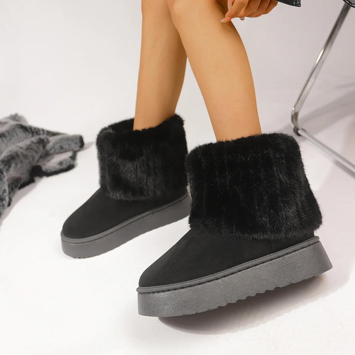 Shoes for Women Winter Women's Boots Black Round Toe Solid Flock Plush Warm Mid Heel Water Proof Casual Snow Boots Women