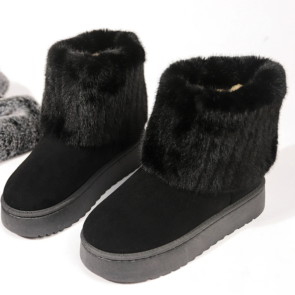 Shoes for Women Winter Women's Boots Black Round Toe Solid Flock Plush Warm Mid Heel Water Proof Casual Snow Boots Women