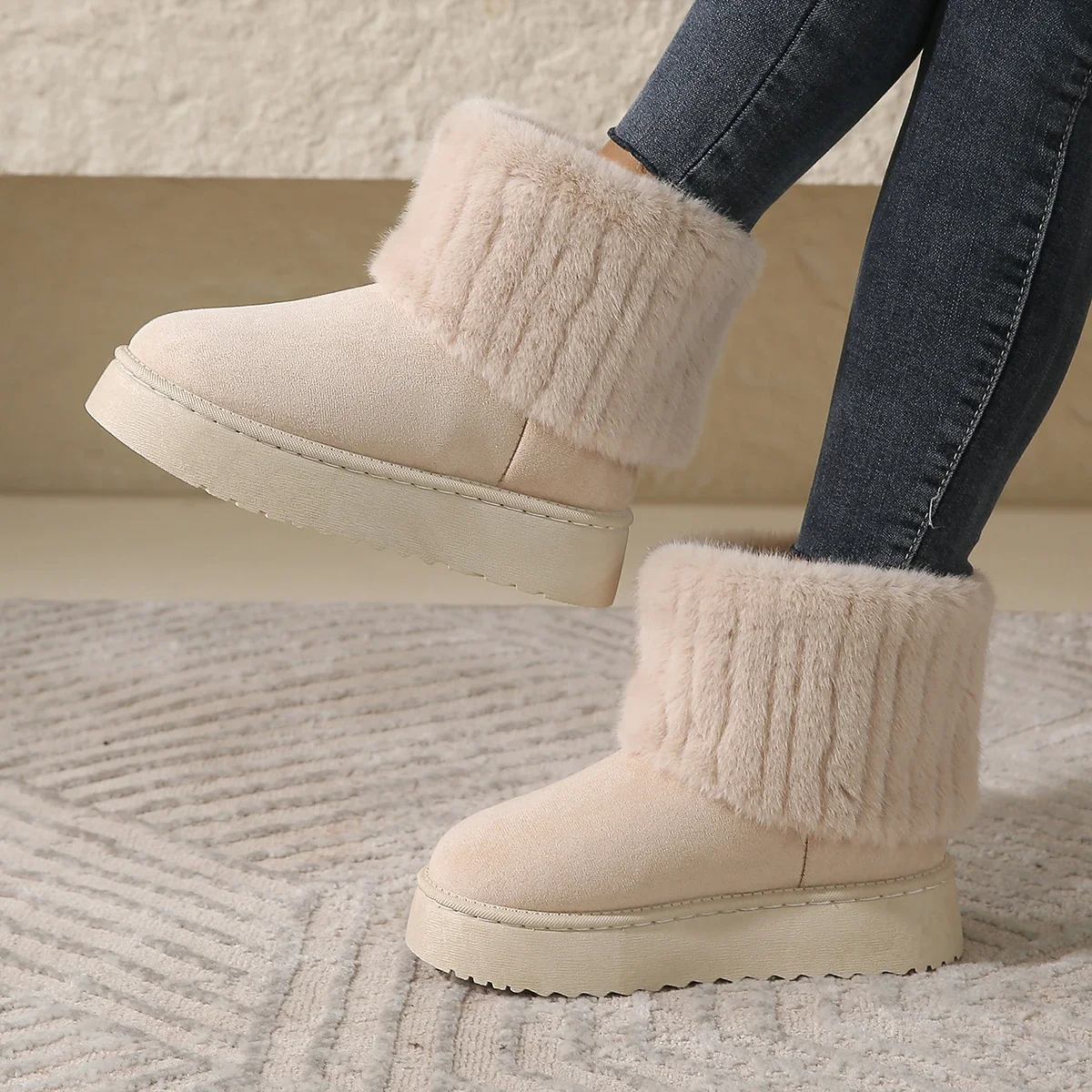 Shoes for Women Winter Women's Boots Black Round Toe Solid Flock Plush Warm Mid Heel Water Proof Casual Snow Boots Women