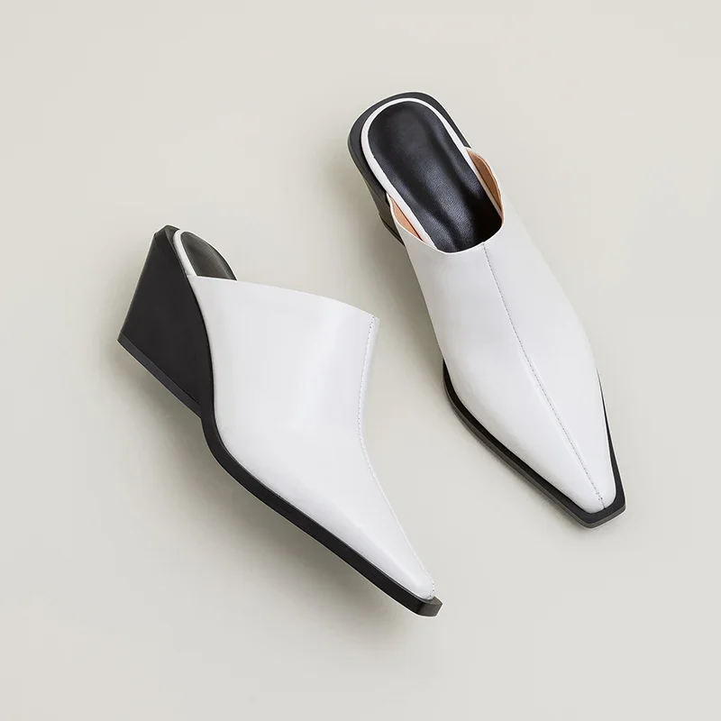Brand New Ladies Genuine Leather Mules Fashion Med Chunky Heels Summer Wedges Slippers Women 2025 Casual Office Shoes Woman