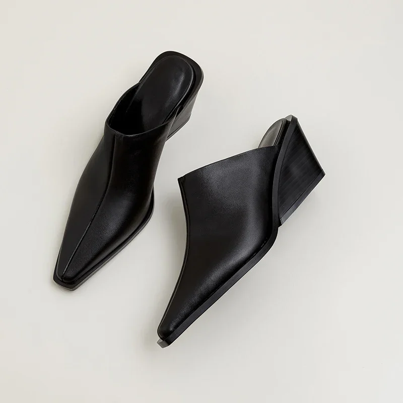 Brand New Ladies Genuine Leather Mules Fashion Med Chunky Heels Summer Wedges Slippers Women 2025 Casual Office Shoes Woman Brand New Ladies Genuine Leather Mules Fashion Med Chunky Heels Summer Wedges Slippers Women 2025 Casual Office Shoes Woman