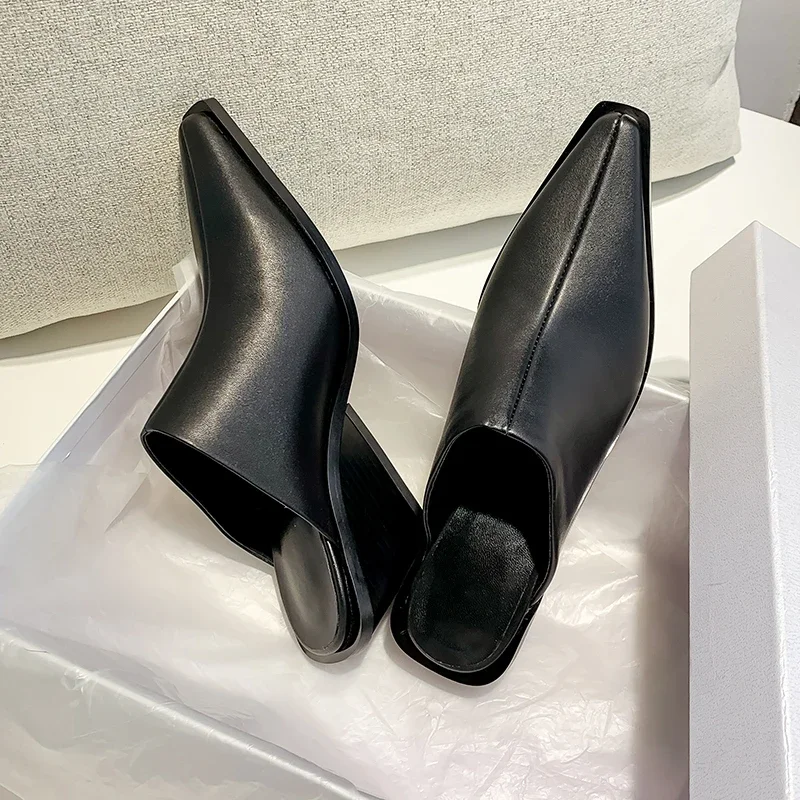 Brand New Ladies Genuine Leather Mules Fashion Med Chunky Heels Summer Wedges Slippers Women 2025 Casual Office Shoes Woman Brand New Ladies Genuine Leather Mules Fashion Med Chunky Heels Summer Wedges Slippers Women 2025 Casual Office Shoes Woman