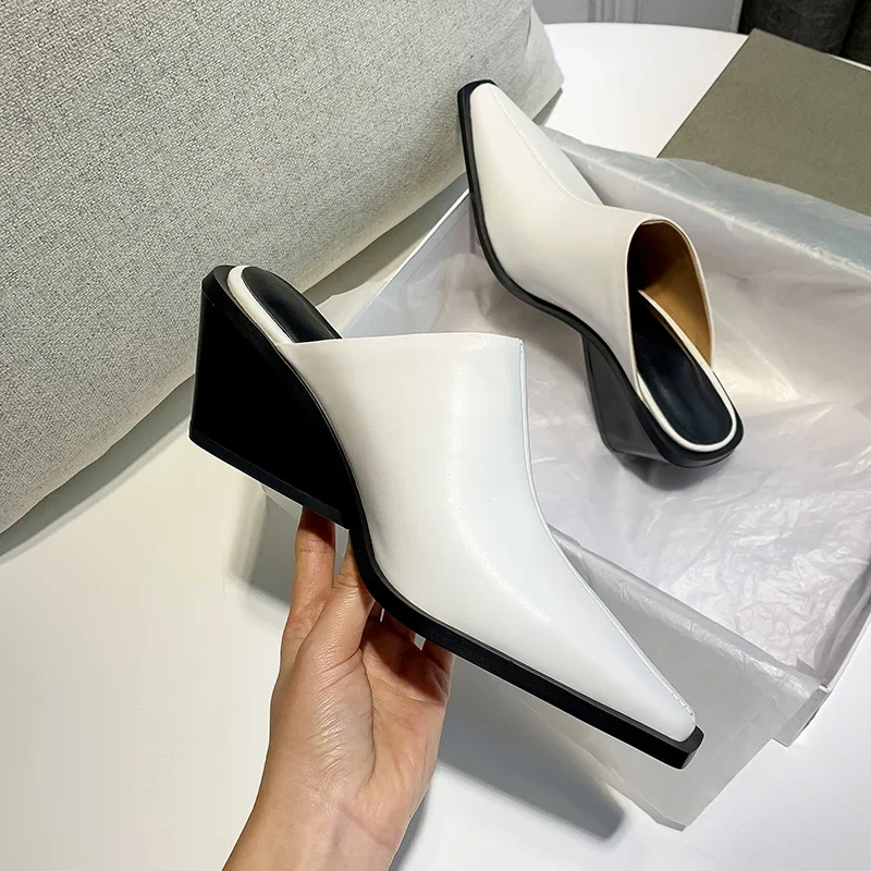 Brand New Ladies Genuine Leather Mules Fashion Med Chunky Heels Summer Wedges Slippers Women 2025 Casual Office Shoes Woman Brand New Ladies Genuine Leather Mules Fashion Med Chunky Heels Summer Wedges Slippers Women 2025 Casual Office Shoes Woman